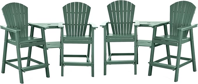 Tall Adirondack Chairs Set of 4, HDPE Balcony Chair with Double Connecting Tray, Weather Resistant Outdoor Adirondack Bar Stools for Patio, Deck, Patio, Backyard, Balcony. (Dark Green)