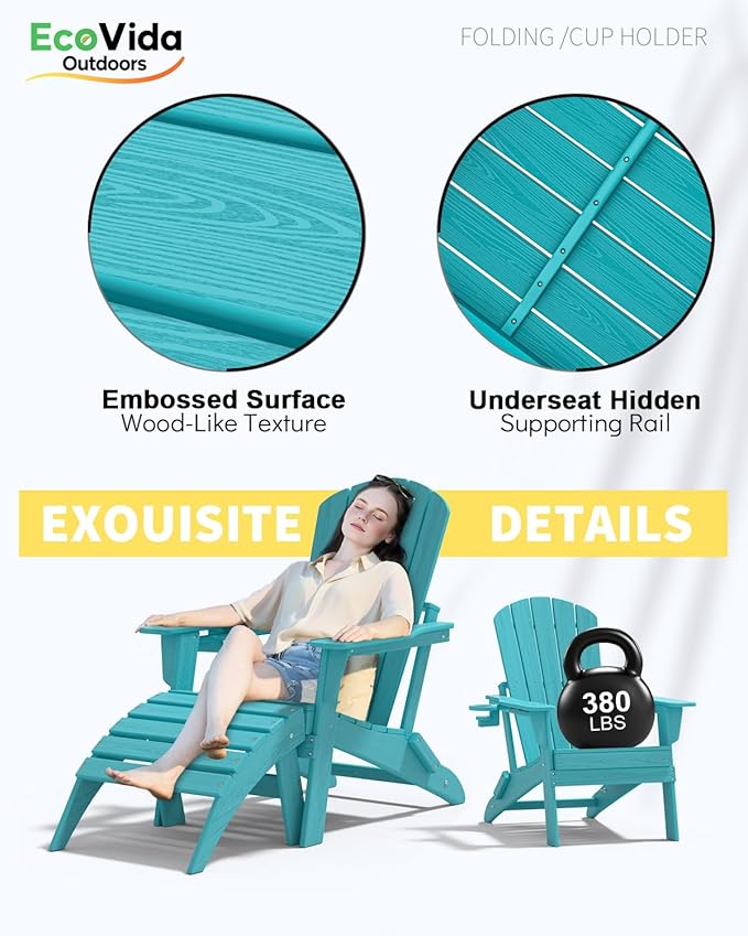 Upgraded Folding Adirondack Chair with All-Weather Cup Holder-EcoVida, Premium Wood Grain Texture, HDPE Waterproof, Suitable for Fire Pit, Patio, Porch, Aruba