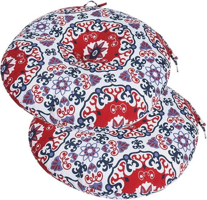 Bistro Chair Cushions 15 inch,Set of 2,Tufted Round Chair Cushions with Ties,15"x15"x4",Water Resistant Round Seat Cushion for Barstool Chairs,Patio Garden Kitchen Outdoor Furniture(Red Medal)
