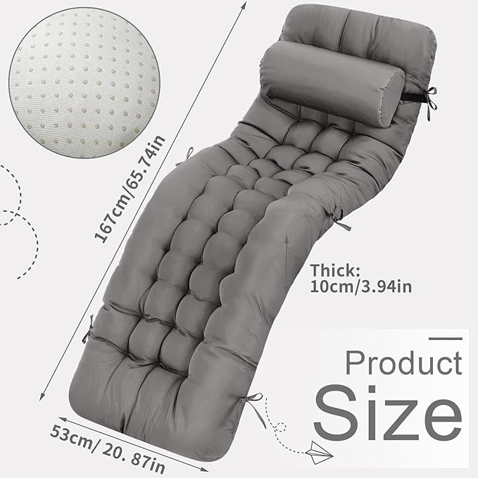 Tudomro 2 Pcs Dark Gray 66'' Outdoor Chaise Lounge Cushion Waterproof Patio Lawn Pool Chaise Lounge Cushion with Headrest Pillow & Ties Weather Fade Resistant Replacement Longue Chair Pad