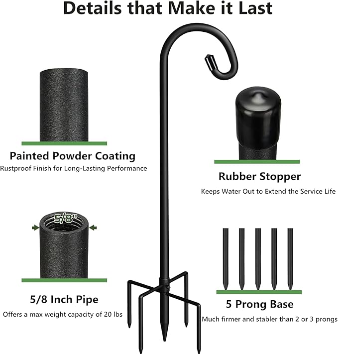 Shepherds Hooks for Outdoor Heavy Duty, 92 Inch Adjustable Bird Feeder Pole with 5 Prong Base, Hummingbird Feeder Stand and Plant Hanger for Garden, Lanterns & Wind Chimes