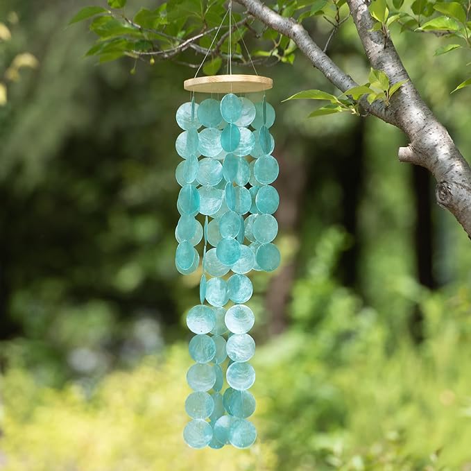 Wind Chimes for Outside - 31'' Handcrafted Turquoise Capiz Shells Windchime Coastal Style Decor for Indoor/Outdoors, Garden Decor, Great for Women, Wind Chimes Lovers and More
