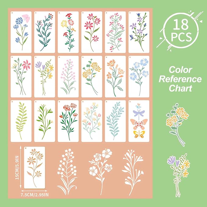 Flower Stencils for Painting, 18PCS 6x3 Inch Botanical Stencils for Crafts Reusable, Floral Drawing Templates for Wood Wall Canvas, Great for Card Making, Home Decor & DIY Projects
