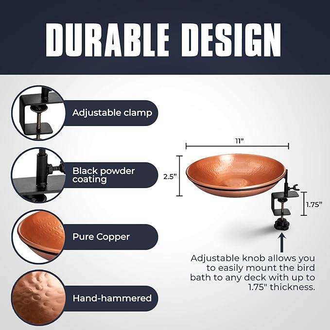 Monarch Abode Deck Mounted Bird Bath & Bird Feeder for Outdoors – Pure Copper Hand Hammered Birds Bath Bowl w/Detachable Iron Clamp, Birdfeeder and Birdbath for Outdoors Garden Backyard