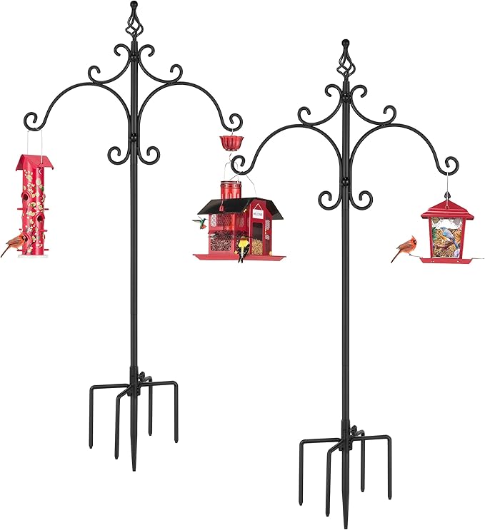 Kingsyard Double Shepherd Hooks for Outdoor - 2 Pack 60" Heavy Duty Bird Feeder Pole with 5-Prong Base, Adjustable Garden Pole for Hanging Bird Feeders Plants Solar Light Lantern, Black