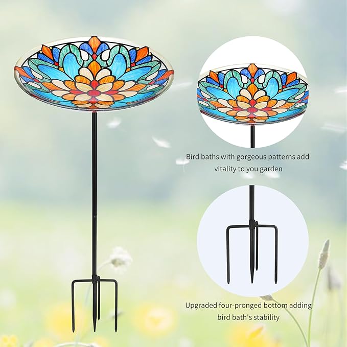 Bird Baths for Outdoors, Glass Birdbaths Outdoor Garden Birdfeeder with Metal Stake for Lawn Yard Decor, 24 Inch Height