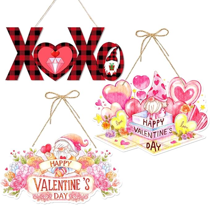 3Pcs Valentine Decorations Romantic Hanging Paper Sign Front Door Hanger Wreath Decor Indoor Outdoor Decor for Valentine's Day Party Engagement Wedding Anniversary Door Porch Wall Decor Supplies