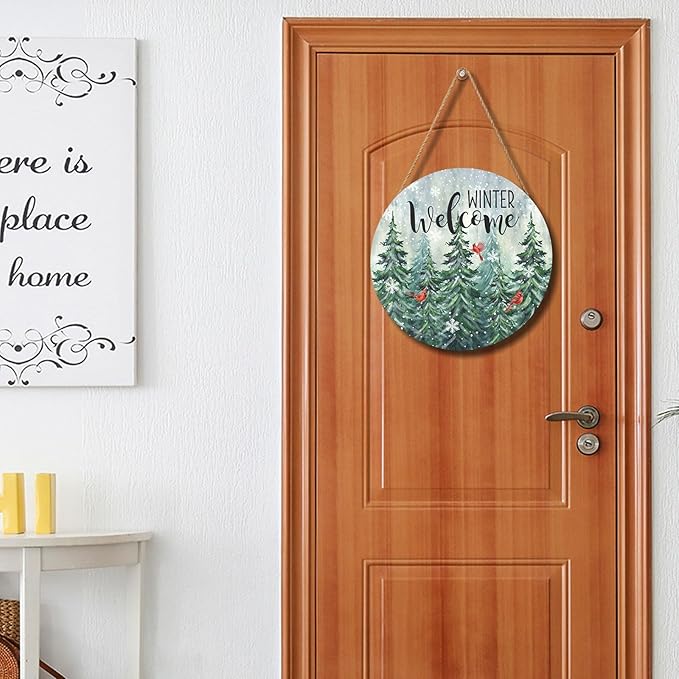 Winter Welcome Snowflake Door Sign For Front Door Decor,Winter Farmhouse Green Pine Tree Cardinal Bird Wooden Sign 12"x 12" Round Wood Hanging Door Sign Decoration for Winter Wall Rustic Porch Decor