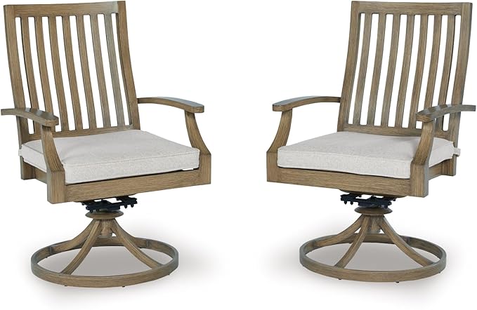 Signature Design by Ashley Rainier Ranch Contemporary Nuvella Weather Resistant Fabric Outdoor High Back Rocker Swivel Chair with Cushion, Set of 2, Light Brown & Beige