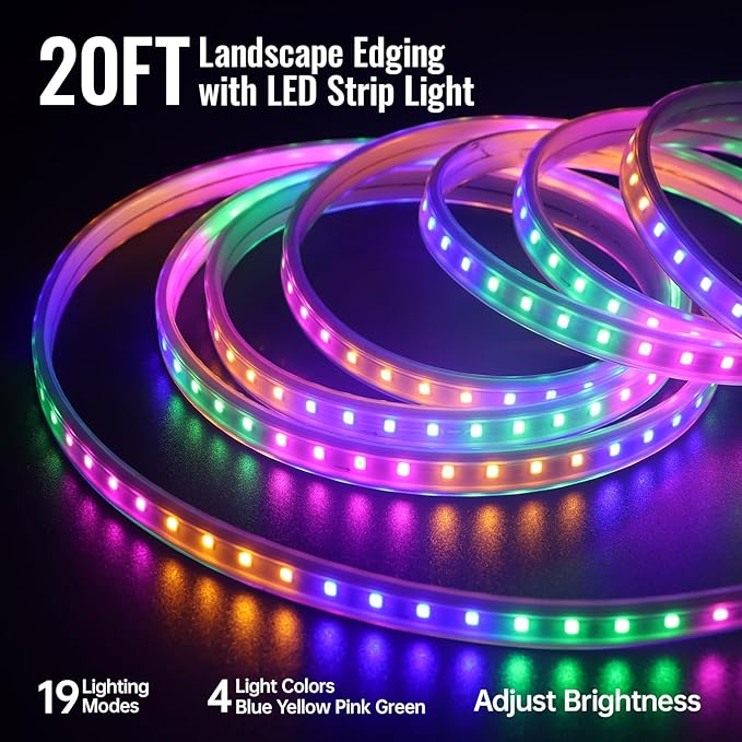 Landscape Edging with Solar String Lights, 20FT, 2in Depth, Metal Stakes & Light Remote, No-Dig Garden Edging with Timer & 19 Light Modes Landscape Border for Curved Straight Beds, Black