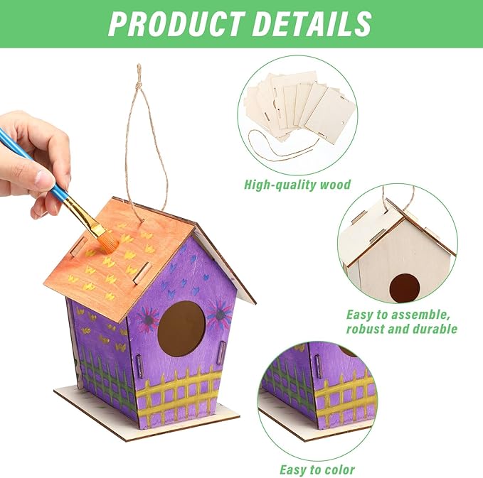 24 Pcs Bulk 6.3'' Wooden Bird Houses Kits for Kids to Build DIY Unfinished Wood Birdhouses to Paint Wood Arts and Crafts Birthday Gifts for Valentines Crafts Class Parties