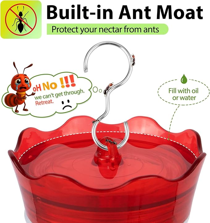 Glass Hummingbird Feeders for Outdoors, Built-in Ant Moat & Leakproof Design, XAROO Hummingbird Feeder with 4 Bee Guard Feeding Ports, 15OZ, Red, Gifts for Mom Wife Dad, Birthday Gift for Men Women
