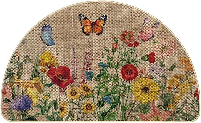 Artoid Mode Wood Flowers Butterfly Spring Semicircular Doormat, Home Summer Decor Low-Profile Switch Rug Door Mat Floor Mat for Indoor Outdoor 17x29 Inch