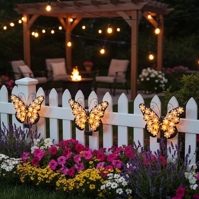 Solar Lights Outdoor Metal Butterfly Wall Decor with 30 Led - 13.5" Outdoor Fence Wall Art,Hanging Decoration for Garden Patio Porch Yard,Gifts for Women，Xmas Gifts for Mom Grandma
