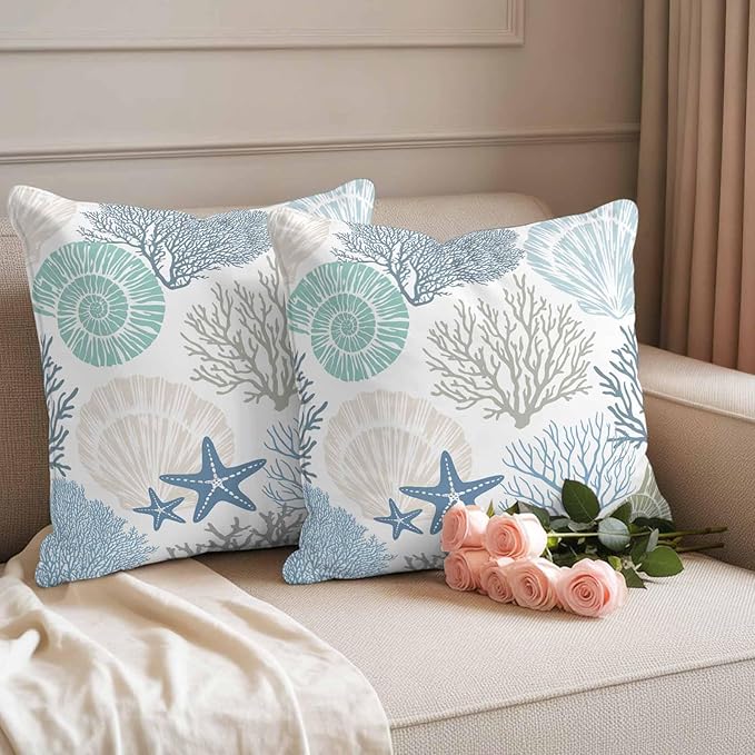 Blue Ocean Shells Coral Waterproof Pillow Covers Set of 2,Conch Starfish Marine Life Outdoor Pillow Protectors with Zipper Pillowcases for Patio Tent Garden Beach 16x16 Inches
