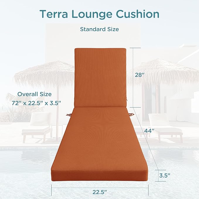 Codi Outdoor Lounge Chair Cushion, Chaise Cushions for Patio Furniture, Double Waterproof Fabric for Pool, Garden, Beach, 72 x 22.5 x 3.5 Inch 1PK Spice