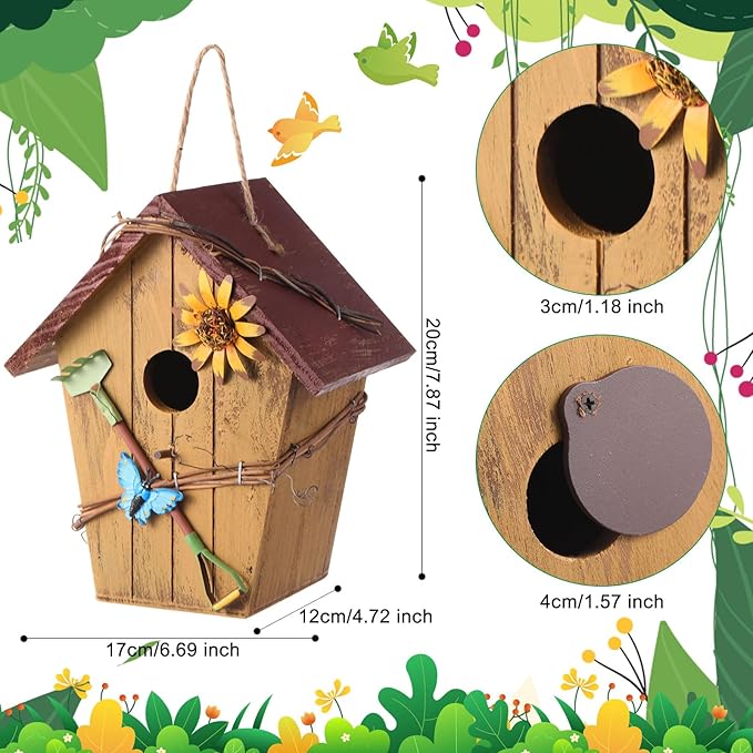 2 Pcs Decorative Birdhouse for Yard Outside Hanging Wooden Birdhouse Hand Painted Bird Box for Bird Lovers Bluebird Tree Swallow Wild Chickadee Garden Decor(Bright Color,Wooden Roof)