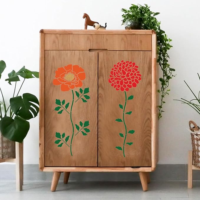12PCS Large Flower Stencils for Painting on Wood 12 x 12 Inch Giant Wall Stencil with Brushes Large Pattern Floral Stencils Sunflower Paint Stencil for Walls Garden Fence Furniture Fabric
