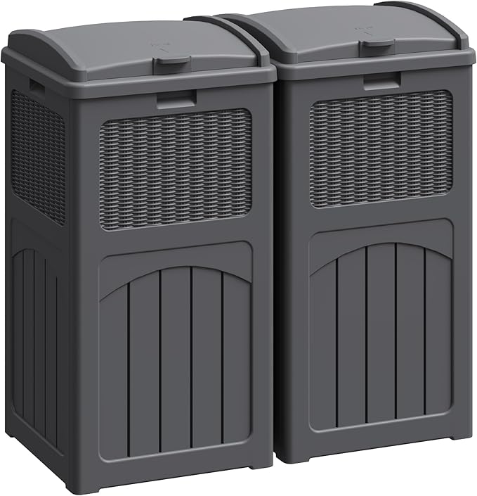 Greesum 33 Gallon Outdoor Trash Can with Lid, Waterproof Resin Garbage Bin for Hideaway, Deck, Patio, 2 Pack, Gray