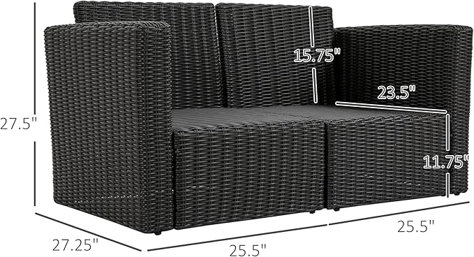 Outsunny 2 Piece Patio Wicker Corner Sofa Set, Outdoor PE Rattan Furniture, with Curved Armrests and Padded Cushions for Balcony, Garden, or Lawn, Beige