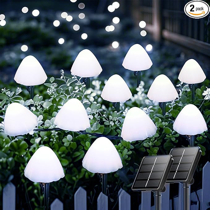OZS 2PK 32LED 55FT Mushroom Solar Garden Lights Outdoor, Solar String Lights Waterproof with 8 Lighting Modes, Solar Garden Decor for Outside, Pathway Light for Yard Decoration (Cool White)