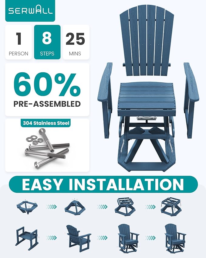 SERWALL Adirondack Swivel Glider Chair, HDPE Patio Glider for Outdoor, All-Weather Glider Chair for Porch, Balcony, Navy Blue