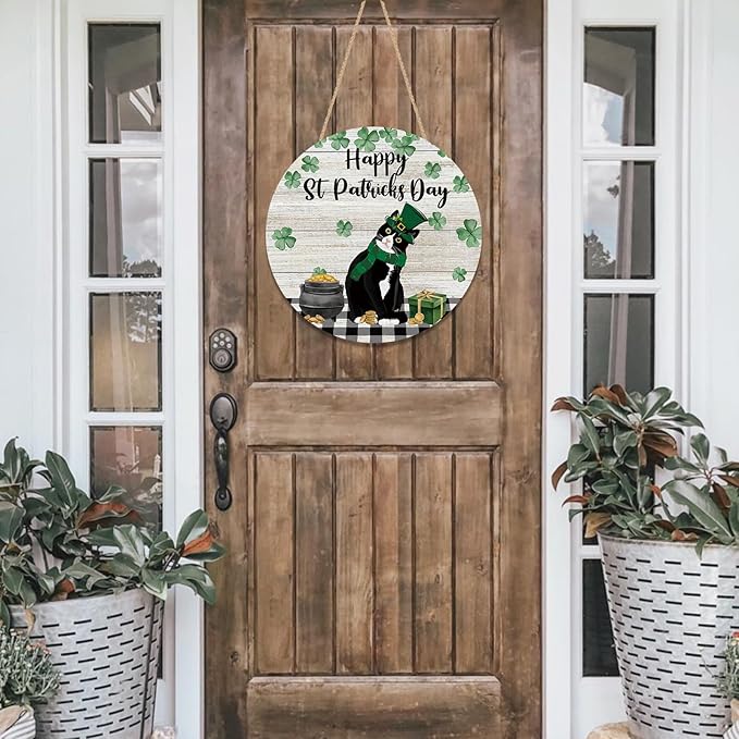 Happy St Patricks Day Cat Door Sign Shamrocks Clovers Tuxedo Cat Wood Door Hanger for Outdoor Outside Porch Holiday Farmhouse Wooden Indoor Wall Hanging Decoration