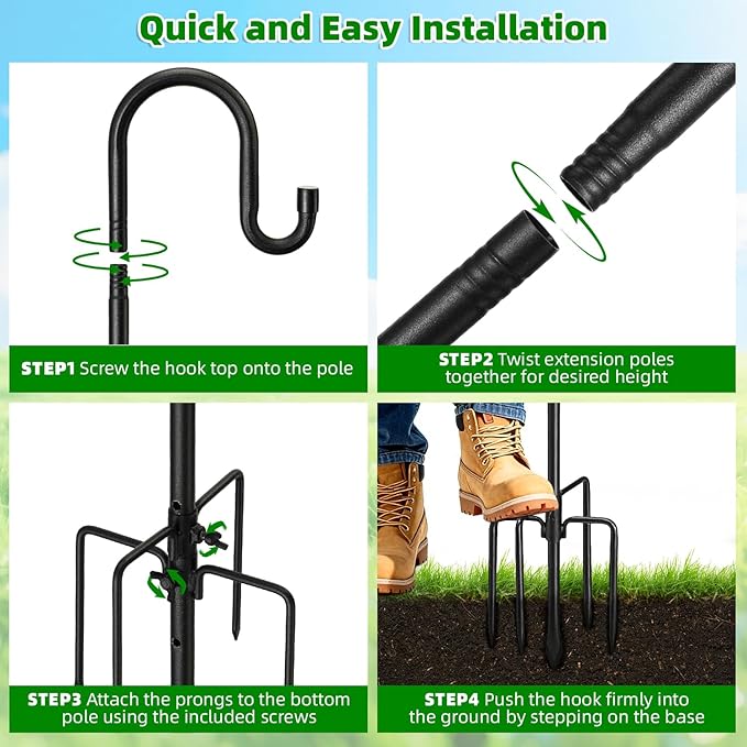 COCONUT 78" Heavy Duty Shepherds Hooks for Outdoor, Bird Feeder Pole with 5 Prong Base, Adjustable Height Shepherds Hook for Hummingbird Feeder, Bird Feeder, Plant, Wind Chimes, Lanterns (1 Pack)