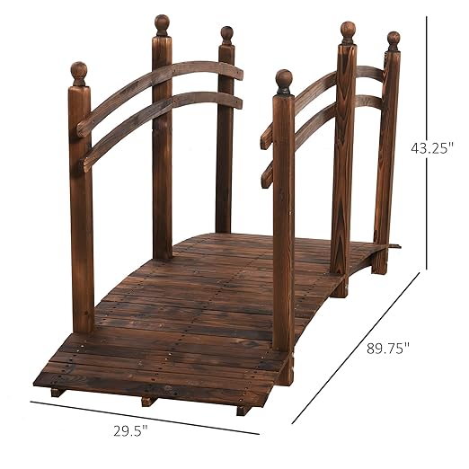 7.5' Fir Wood Garden Bridge with Side Railings, Arched Walkway for Backyards, Gardens Streams, Carbonized Finish, Max Load 505 lbs, 89.75” L x 29.5” W x 43.25” H
