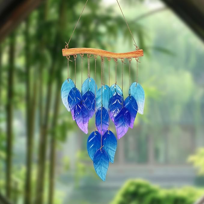Wind Chimes Blue Glass Leaves, Garden Wind Chime for Home, Party, Festival Decor, Glass Garden Patio Yard Porch Decoration Indoor/Outside, Lifelike Leaf Style