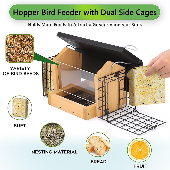 Hopper Bird Feeder for Outdoors Hanging, Wooden Bird Feeder with Double Suet Cage and Large Seed Capacity, Cedar Wood Suet Feeder with Weatherproof Roof, Garden Decoration