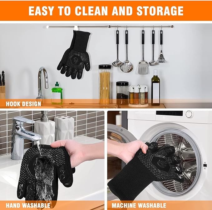 HAMITOR BBQ Grill Gloves : 1472℉ High Temp Resistance Fireproof Glove for Grilling Barbecue - Washable Long Oven Mitts Extreme Hot Proof Mittens for Kitchen Cooking Baking