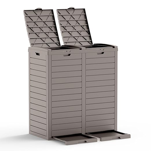 EFU 76 Gallon Outdoor Trash Can,Waterproof Resin Garbage Can with Tiered Lid & Drip Tray, Outside Trash Bin for Patio,Kitchen, Backyard & Deck, Gray