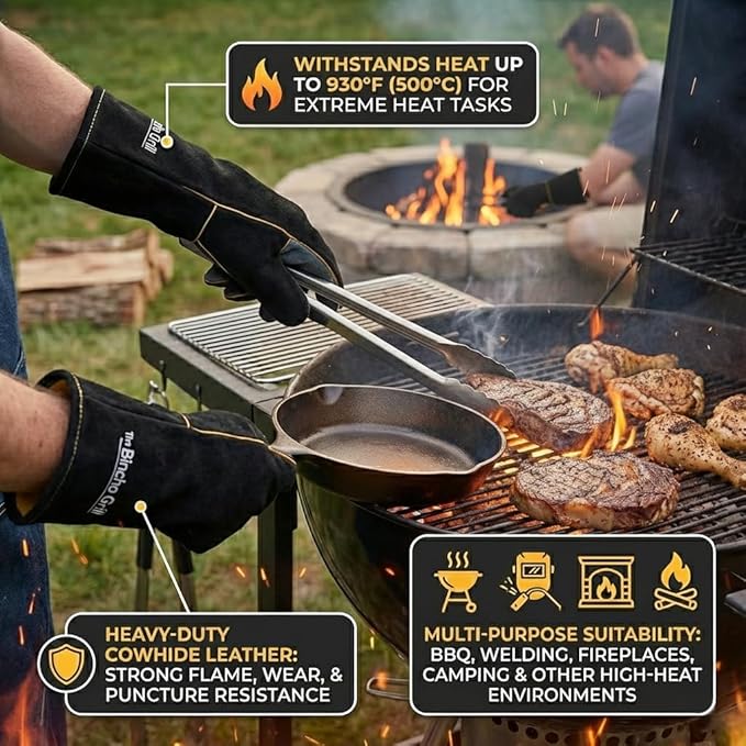 The Bincho Grill Fire Heat Resistant Gloves – 14 Inch 932°F Fireproof Leather Fireplace & BBQ Gloves for Grill, Oven, Wood Stove, Campfire, Welding (MIG/TIG) - Heavy-Duty