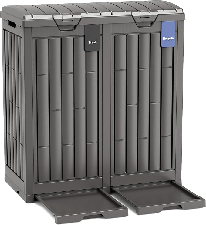 Outdoor Trash Can, 60 Gallon Garbage Can with Tiered Lid and Drip Tray, Waterproof Resin Waste Bin for Patio, Garden, Backyard, Deck, Brown