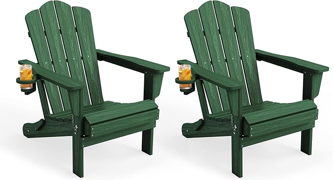 KINGYES Folding Adirondack Chair Set of 2, HDPE All-Weather Folding Adirondack Chair, Green