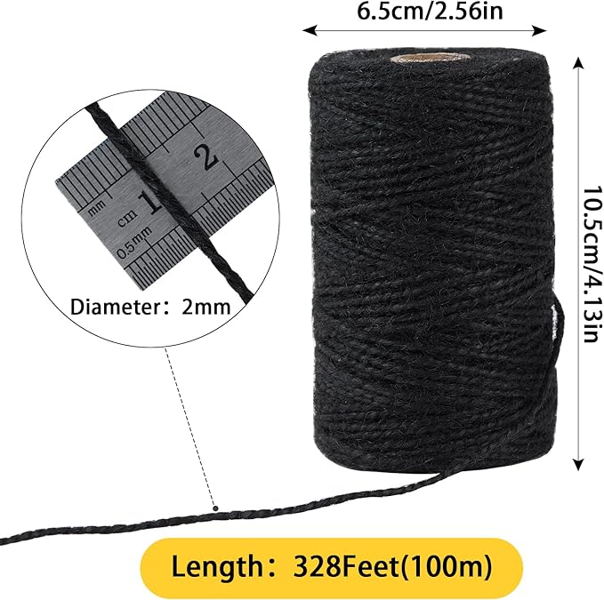 328 Feet 2mm Thick Black Natural Jute Twine, Garden Twine Heavy Duty Industrial Packing Materials String Wrapping, Arts, and Crafts, Halloween Wrapping, Gardening Applications
