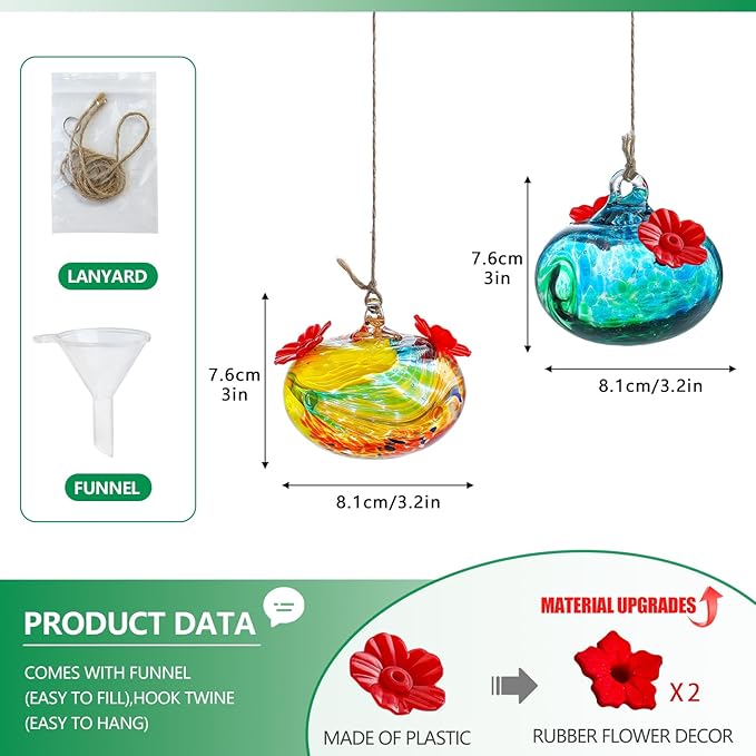 Pack 2 Blown Glass Hummingbird Feeders for Outdoors 3inch Small Glass Humming Bird Feeder for Window Hanging Ant and Bee Proof Humming Birds Feeders Decor for Garden Outside