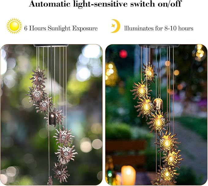 8 LED Solar Upgarde Sun Moon Star Wind Chimes Outdoor,Mom Gifts for Mothers Day Grandma Gift Sun Wind Chimes for Outside,Hanging Lights Warm LED,Outdoor Sun Decor,Gifts for Wife