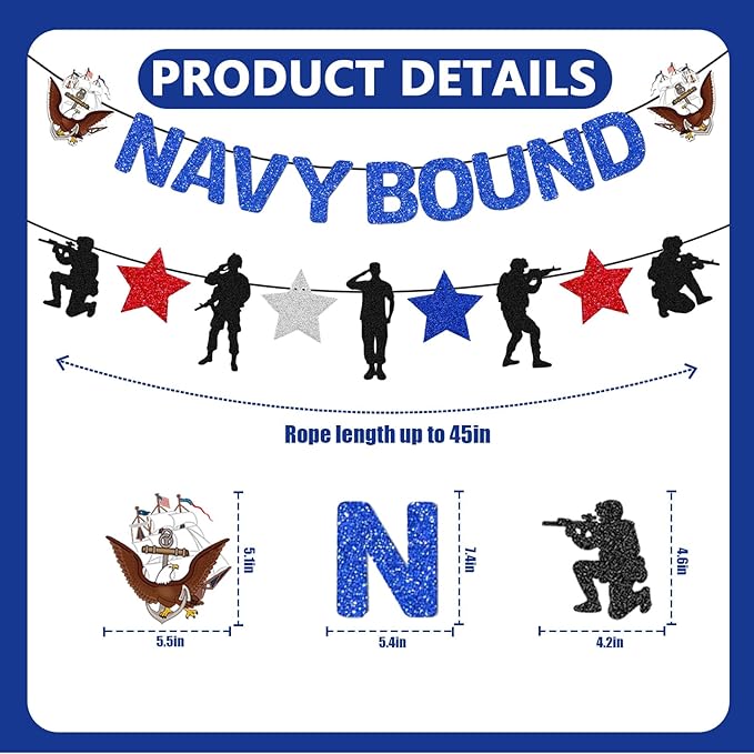 Glitter Navy Bound Banner Boot Camp Decor Army Party Decorations Military Party Supplies Navy Birthday Decor Marine Corps Decorations Hanging Swirls for Women Men