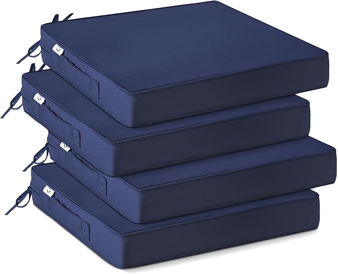 Outdoor Chair Cushions Set of 4 -Waterproof Outdoor Seat Cushions for Patio Furniture, Patio Chair Cushion with Handle and Ties, Square Out Door Chair Pads,18.5" x 16" x 3", Navy Blue