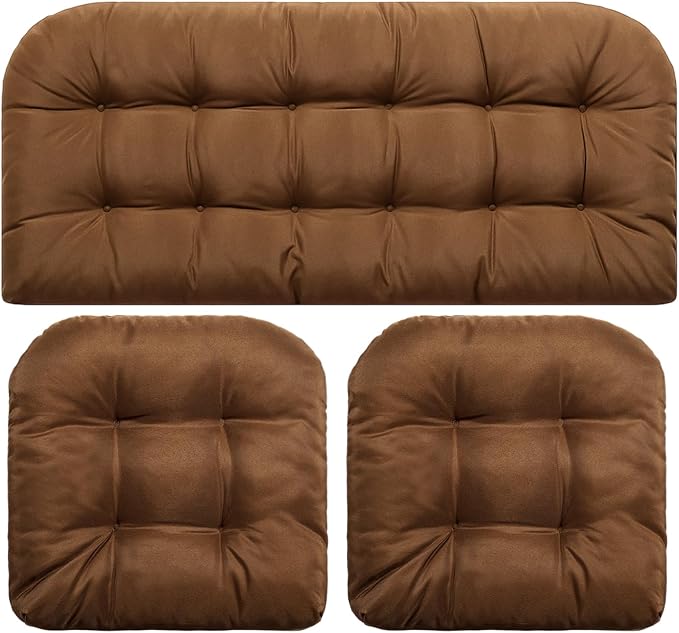 Barydat 3 Pack Wicker Furniture Cushions Waterproof Outdoor/Indoor Tufted Wicker Chair Cushions 1 Loveseat and 2 U-Shape Rattan Chairs for Patio Furniture, Rattan Love Seat, Bench(Brown)