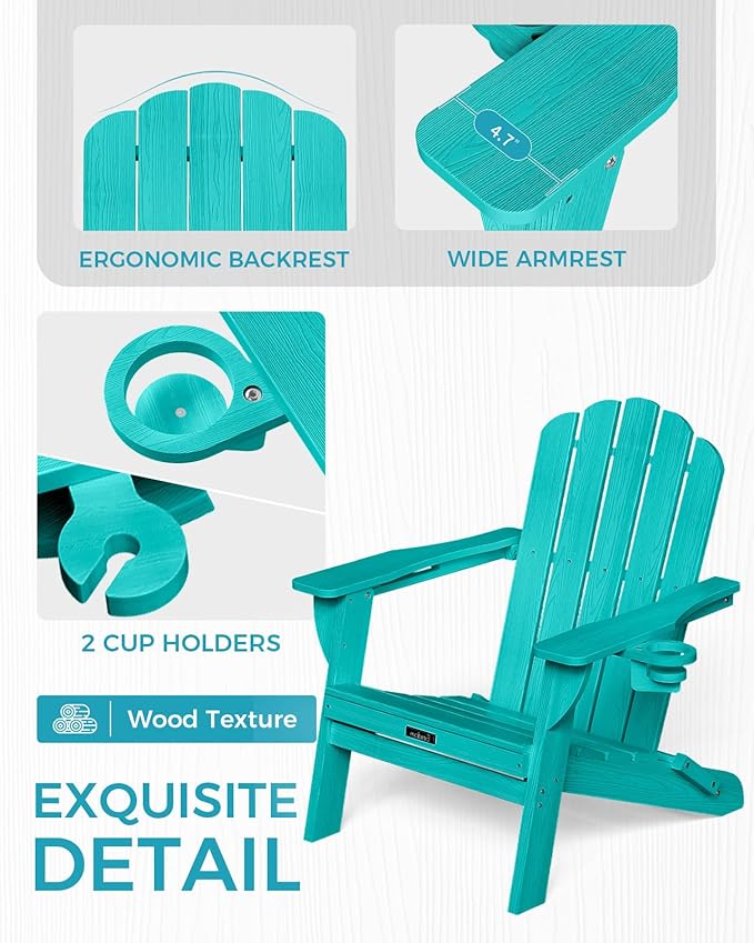 Adirondack Chairs Set of 2, HDPE Material Fire Pit Chairs, Plastic Adirondack Chairs with 2 Cup Holder, Outdoor Lawn Chair for Patio Garden，Lake Blue