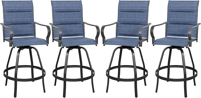 Vongrasig 4 Piece Outdoor Patio Swivel Bar Chairs, All Weather Padded Sling Textile High Top Bar Stools, Bistro Set for Backyard, Lawn Garden, Balcony, Padded Blue