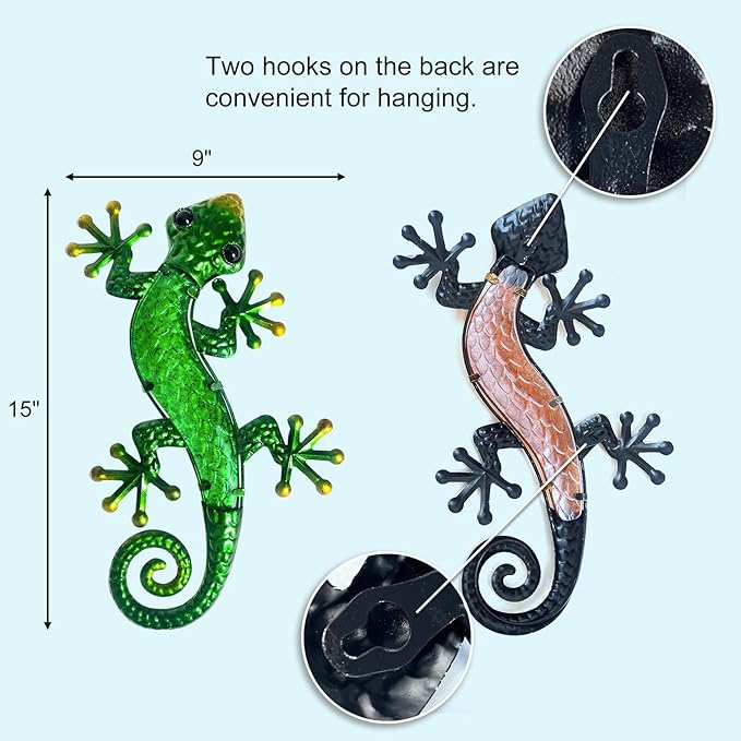HONGLAND Metal Gecko Wall Art- 15 Inch Lizard Outdoor Decor Hanging Glass Sculpture, 2 Pack Gecko Wall Art Decorations for Garden Fence Home (Green&Orange)