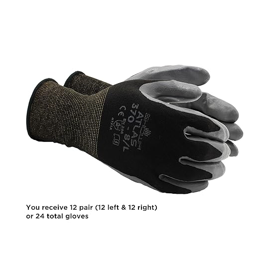 SHOWA Atlas 370 Nitrile Palm Coated General Purpose Work Gloves with Nylon Liner, Black, X-Large (12 Pair)