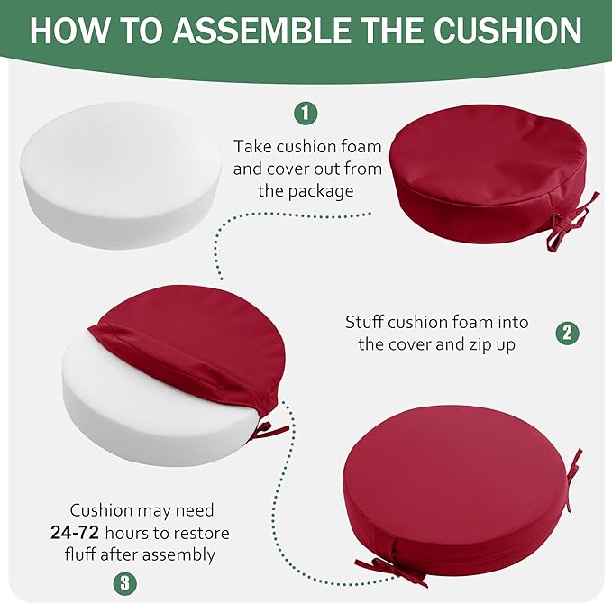 Outdoor Bistro Chair Cushions Set of 2, 15" D x 3" H Round Chair Cushions Waterproof and Fade Resistant Chair Cushion Pads with Non-Slip Ties and Removable Covers for Garden, Burgundy