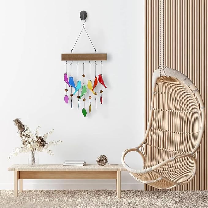 Handwork Crystal Glass & Driftwood Chimes, Sandblasted Glass and Wood Handcrafted Wind Chimes, Birds Wind Chimes for Home, Yard, Patio, Garden Decoration, Gift for Mom, Gifts for Bird Lovers