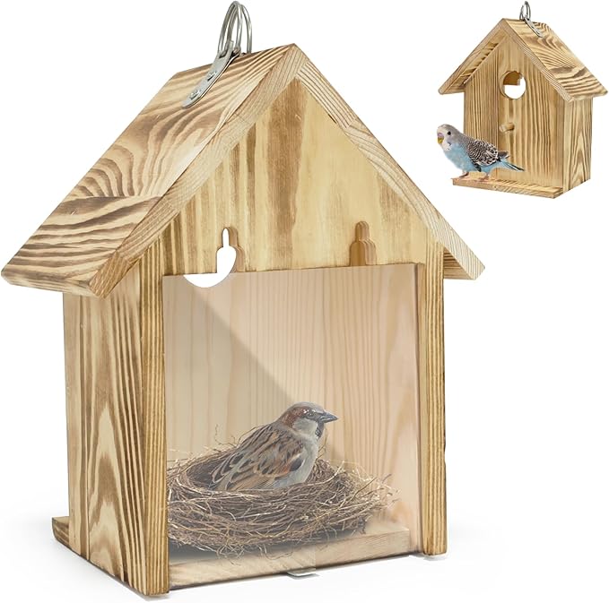 Window Bird Houses for Outside with 2 Powerful Hooks, Hanging Bird House for Viewing Inside, Wooden Hummingbird Houses to Paint for Outdoors, Bird Nesting Box for Bluebird Finch Chickadee