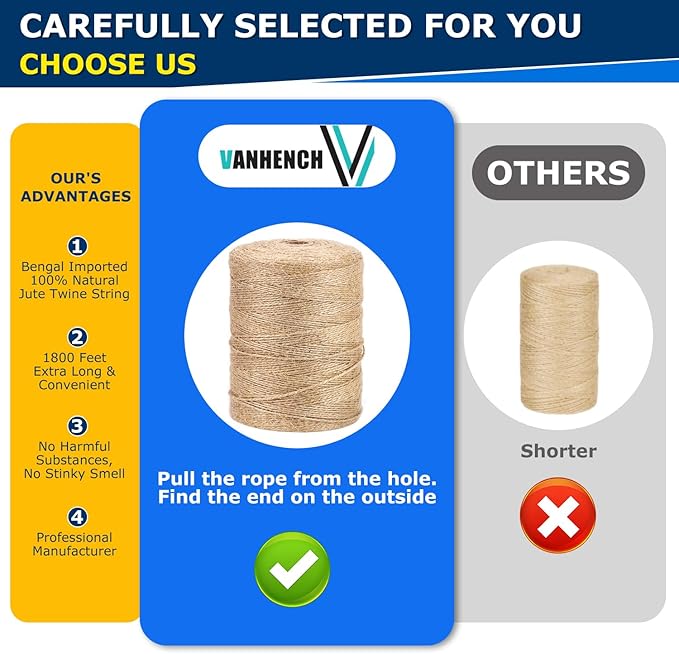 Vanhench 1800 Feet Natural Jute Twine String, Bulk Hemp Jute Rope Cord Twine for Crafts Gardening, Gift Wrapping Christmas, Arts & Crafts, Wedding Décor, Packing Material Burlap Ribbon (Brown)